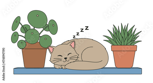 Adorable feline sleeping peacefully amongst potted houseplants on a shelf a cozy domestic scene isolated on white background