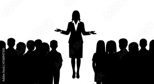 Silhouette of confident businesswoman addressing a diverse audience in a corporate presentation or speech scenario isolated on white background