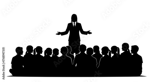 Silhouette of a confident businesswoman speaking to a rapt audience conveying expertise and leadership in a professional setting isolated on white background