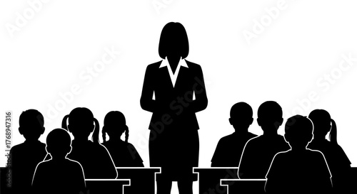 Silhouette of a confident female teacher standing before a classroom of attentive students engaged in learning and education isolated on white background