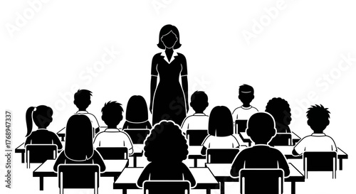 Teacher standing in front of class of students sitting at desks learning education knowledge school classroom isolated on white background