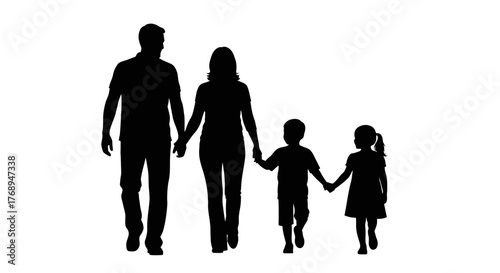 Silhouette of a happy family father mother son and daughter walking together holding hands peaceful togetherness isolated on white background