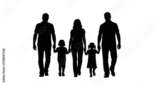Silhouette of a family with two children walking together holding hands symbolizing unity togetherness and love isolated on white background