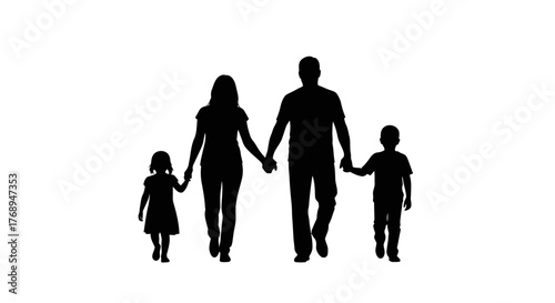 Silhouettes of a happy family with two children walking together hand-in-hand representing unity togetherness and love isolated on white background