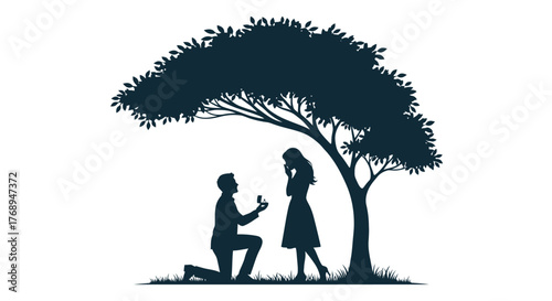 Romantic silhouette of man proposing marriage to woman under large tree with suggestive silhouette shadow and symbolism of love and commitment isolated on white background