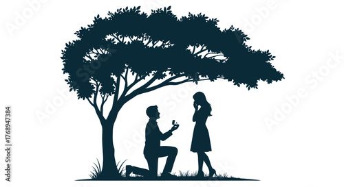 Romantic marriage proposal silhouette under a lush tree a man kneels offering a ring to a woman symbolizing love engagement and commitment isolated on white background