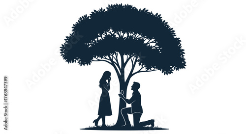 Romantic couple silhouetted under a large tree in a marriage proposal scene celebrating love and commitment isolated on white background