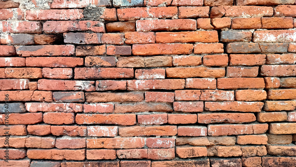 Fototapeta premium old cracked concrete wall with exposed red brick texture. vintage grunge wall background showing aged plaster peeling off