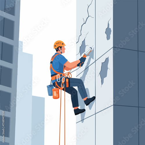 A construction worker repairs damage on a skyscraper facade, utilizing ropes and safety gear for a secure and efficient process.