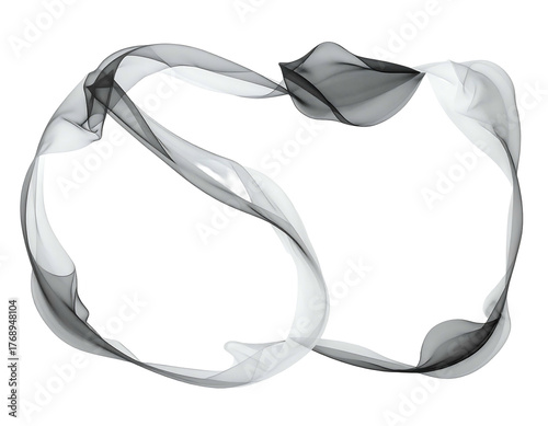 Ribbon-like form twists and curls in white/gray against black, creating a flowing, abstract shape