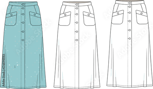 Vector illustration of button-front skirt with patch pockets, high waist, and panel seams for fashion design, sewing pattern, and garment construction