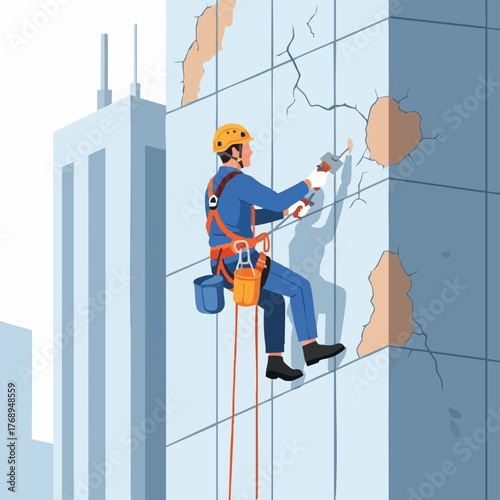 A construction worker repairs a damaged building facade, suspended by ropes, illustrating maintenance and repair work with safety gear.