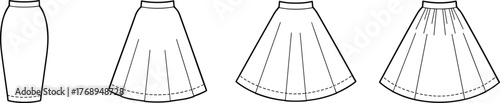 Vector illustration of four skirt silhouettes including pencil, A-line, pleated, and circle styles for fashion, garment, and clothing design