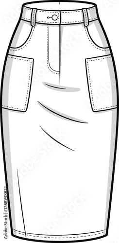 Vector illustration of high-waisted pencil skirt with patch pockets, belt loops, and seam details for fashion design and garment construction
