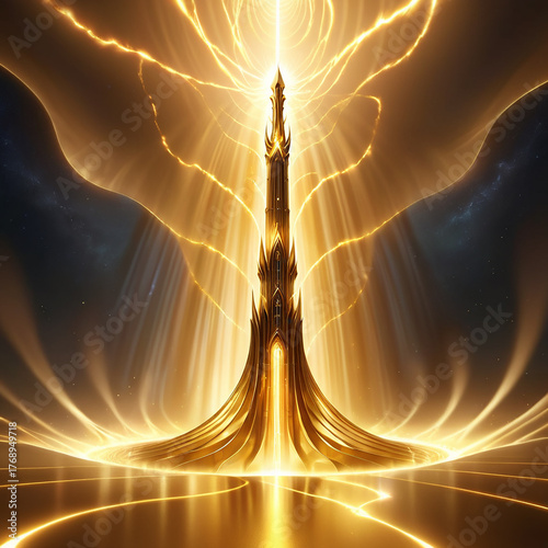Majestic golden tower radiating beams of light against a cosmic background, evoking a sense of grandeur and mystery in a fantasy landscape filled with ethereal energy.