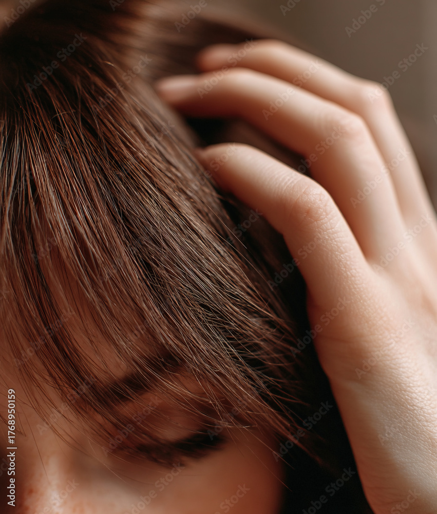 Obraz premium Woman scratching scalp feeling itching and discomfort