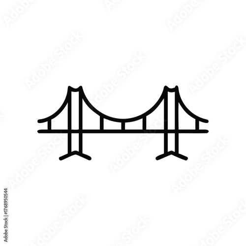 A minimalist black and white line drawing representing a suspension bridge with two towers and a suspended roadway. Simple line art icon of a suspension bridge