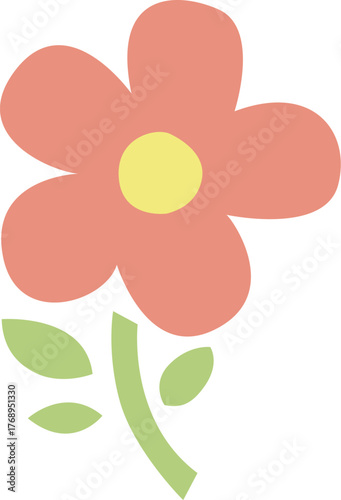 満開の花の葉と茎のイラスト　5枚の花びら