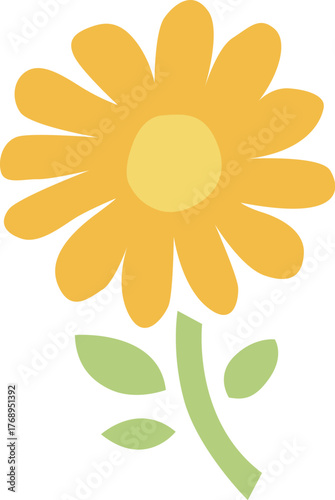 黄色い満開の花の葉と茎のイラスト　たくさんの花びら