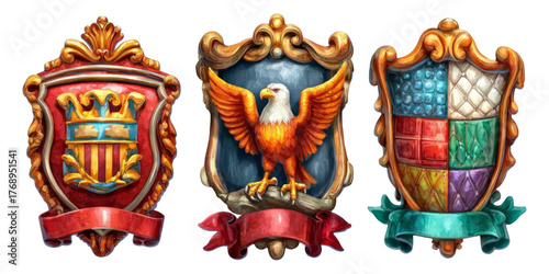 Colorful Heraldic Crests with Eagle, Crown, Shield Designs on Transparent Background