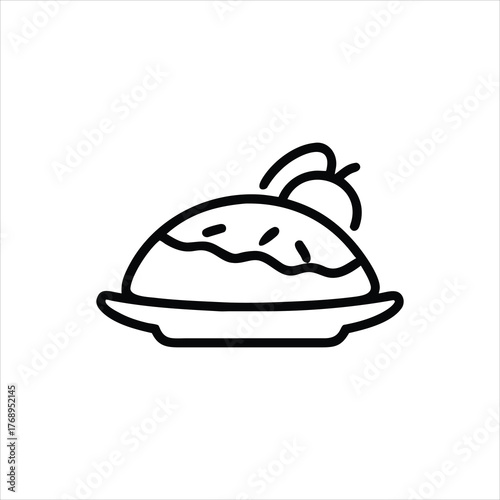 A minimalist black and white line drawing depicts a round pie on a plate, topped with a cherry and stem. Simple line art icon of a delicious pie with cherry topping