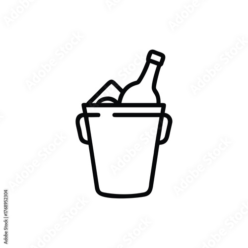 A minimalist line drawing icon showing a bottle chilling in a bucket filled with ice cubes. Simple icon of a bottle in an ice bucket