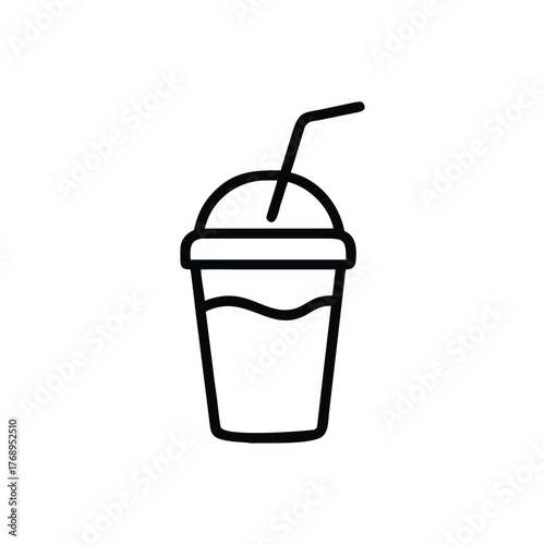 A minimalist black and white line drawing of a disposable cup filled with liquid and a straw inserted through the lid. Simple line art icon of a drink in a to go cup with straw