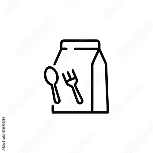 A simple black and white line art icon representing a takeout food bag with a spoon and fork. Food delivery bag with utensils icon