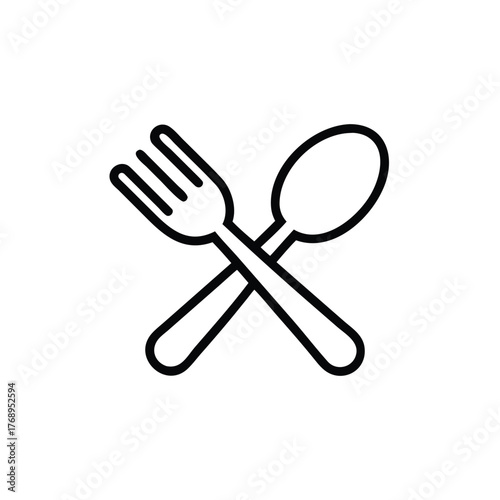 A minimalist black and white line drawing of a fork and spoon crossed over each other, representing dining or food. Simple line art icon of a fork and spoon crossed