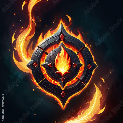 Flaming emblem with a central flame design surrounded by decorative elements and glowing energy effects on a dark, mystical background, creating an intense and dramatic atmosphere.