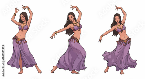 Belly dancer poses in purple costume with transparent background