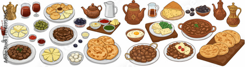 Middle Eastern feast spread with traditional dishes and drinks