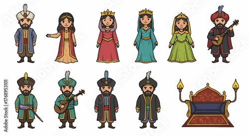 Middle Eastern characters and throne in colorful style