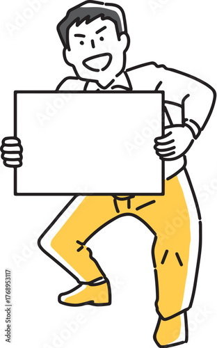 ボードを持ってリアクションする男性社員