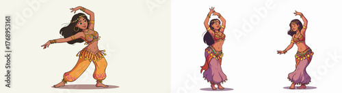 Belly dancer poses in colorful outfits with transparent background