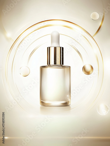 Sophisticated Beauty Product Layout Featuring Serum Bottle in Glow Frame