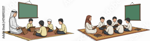 Islamic school children learning with teacher on rug