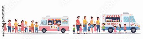 Ice cream truck with customers waiting in line