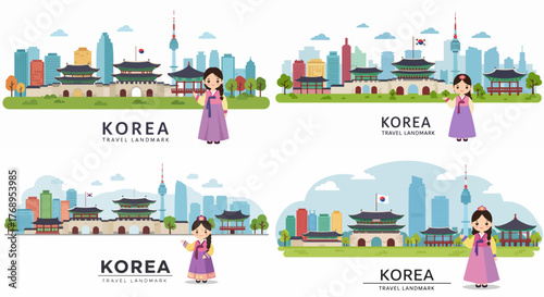 Korea travel landmarks with traditional clothing