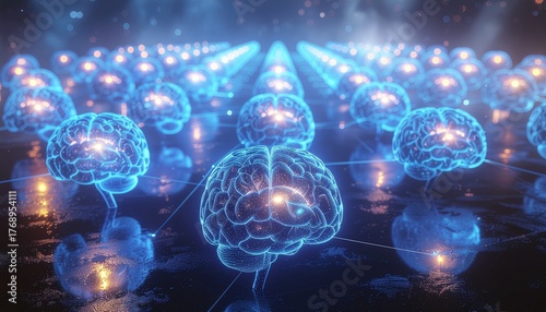 This futuristic image visualizes a network of human and artificial minds linked by data and energy, portraying the rise of connected cognition and shared knowledge.