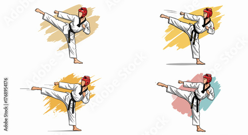 Taekwondo martial artist performing kicking moves