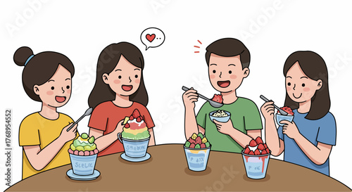 Friends enjoying shaved ice dessert together