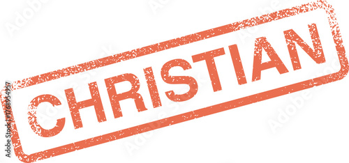 A red distressed rubber stamp impression distinctly featuring the word Christian for religious themes