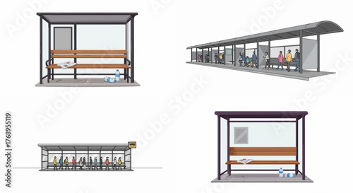 Bus stops with people waiting for transportation