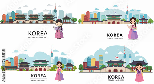 Korea cityscape with traditional dress and landmarks