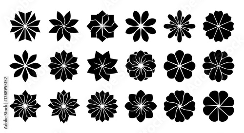 Collection of 20 stylized flower icons in black and white, arranged in a grid pattern.