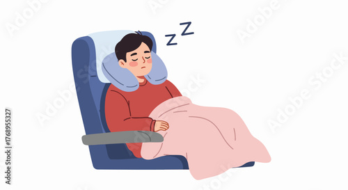 Man sleeping on airplane seat with neck pillow