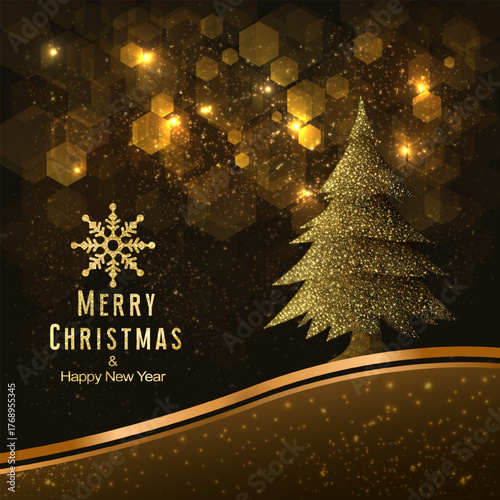 Merry Christmas greeting card with Christmas tree decoration and snowflakes