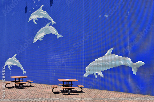 水族館の壁に描かれたイルカの絵の前にあるベンチ