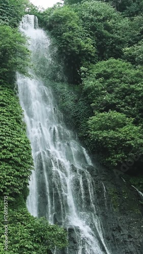 Green Nature of Mountain Landscape and River Waterfall in Summer Forest Park. Outdoors View on Crystal Water Fall at Gorgeous Coast. Wanderlust and Inspiration for Camping Travel Bali Climbing Tourism